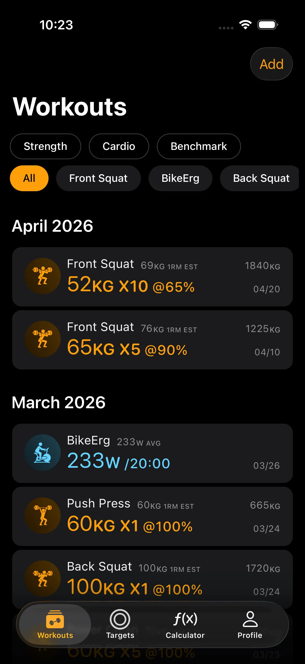 Workout history grouped by month